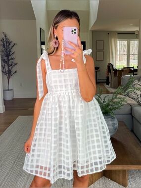 FOREVER 21 White Checkered Mesh Chiffon Self-Tie Babydoll Dress SMALL NWT